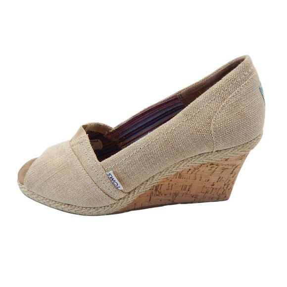 TOMS Womens Beige Peep Toe Wedges SIze 9.5 - Picture 1 of 9